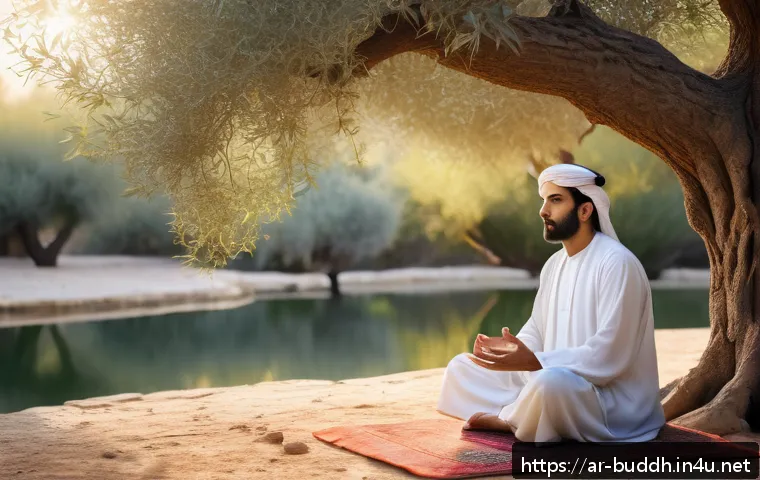 불교와 자연 - A serene Middle Eastern garden scene at dawn, featuring an Arab man practicing mindful meditation ne...