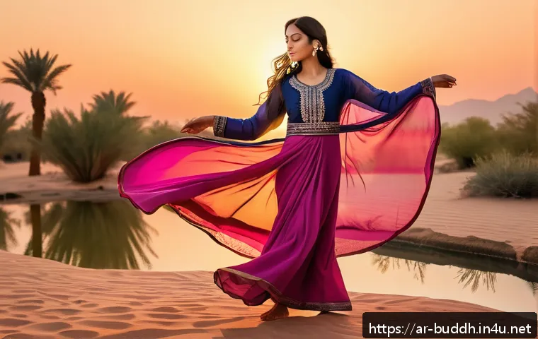 불교와 춤 - A serene Middle Eastern woman dressed in flowing modest traditional attire, performing a mindful dan...
