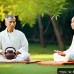 Home 20 불교에서의 음악적 전통 - A serene Buddhist meditation scene set in a lush natural environment, featuring a diverse group of a...