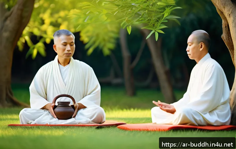 불교에서의 음악적 전통 - A serene Buddhist meditation scene set in a lush natural environment, featuring a diverse group of a...