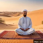 Home 19 불교에서의 자연과 인간 - A serene Middle Eastern desert landscape at dawn, featuring a lone meditating figure dressed in simp...
