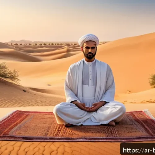 Home 31 불교에서의 자연과 인간 - A serene Middle Eastern desert landscape at dawn, featuring a lone meditating figure dressed in simp...