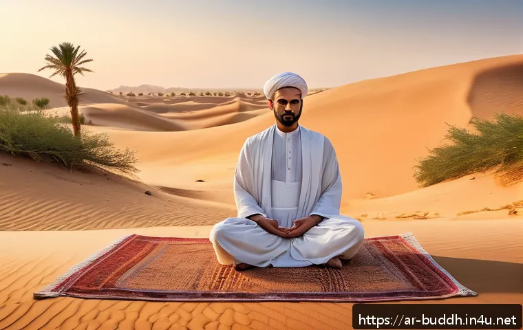 불교에서의 자연과 인간 - A serene Middle Eastern desert landscape at dawn, featuring a lone meditating figure dressed in simp...