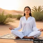 Home 18 불교의 세계관 - A serene Middle Eastern woman in modest, traditional attire practicing mindful meditation outdoors a...