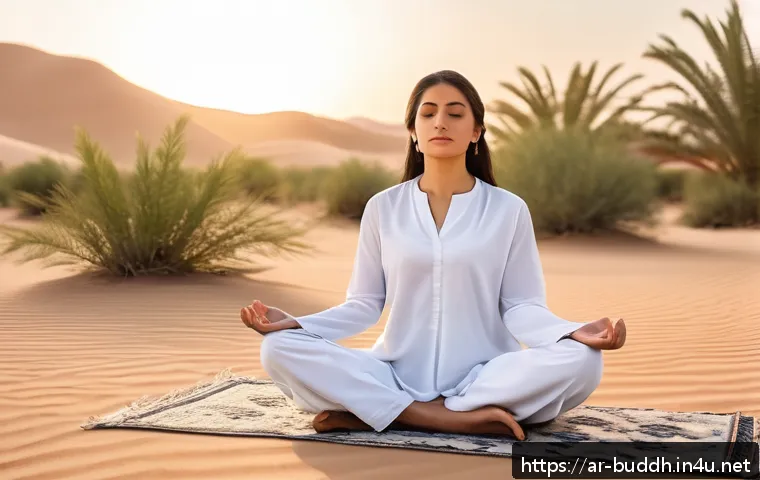 불교의 세계관 - A serene Middle Eastern woman in modest, traditional attire practicing mindful meditation outdoors a...