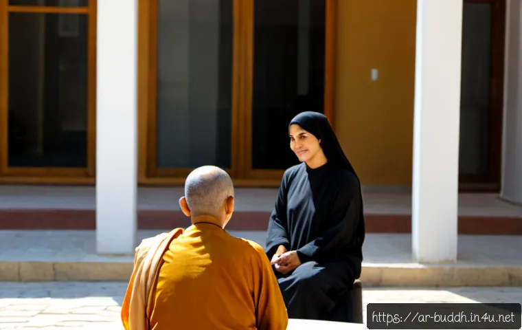Home 17 불교와 사회 정의 - Photorealistic documentary-style scene of a Buddhist monk in simple saffron robes listening attentiv...