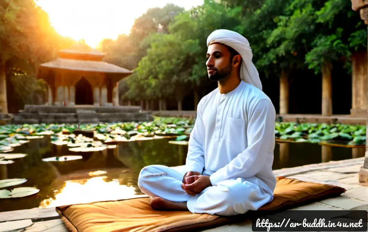 불교에서의 영적 탐구 - Photorealistic contemplative scene of an Arab Muslim traveler respectfully exploring Buddhist spirit...