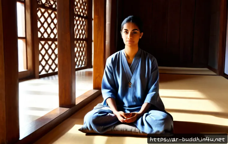 불교에서의 수행 체험 - Photorealistic Arab adult visitor in modest loose linen clothing, seated cross-legged on a simple me...