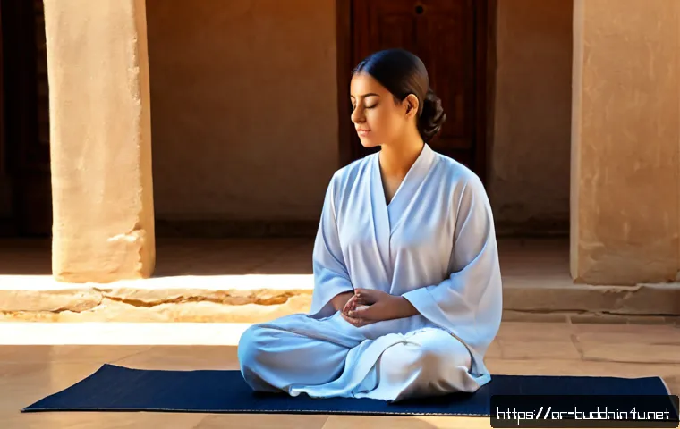 불교에서의 고요한 명상 - Photorealistic serene Buddhist meditation scene, Arab adult woman in modest flowing neutral clothing...