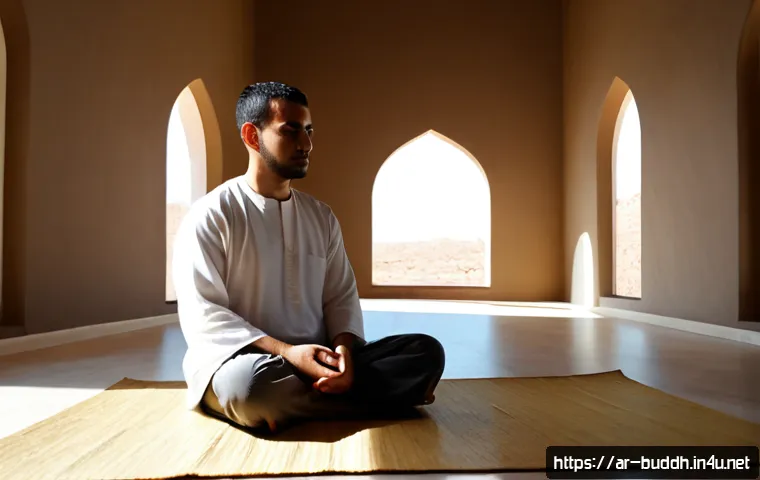 불교에서의 수양법 - Photorealistic serene Buddhist meditation practice, a modest adult Arab man in simple neutral clothi...